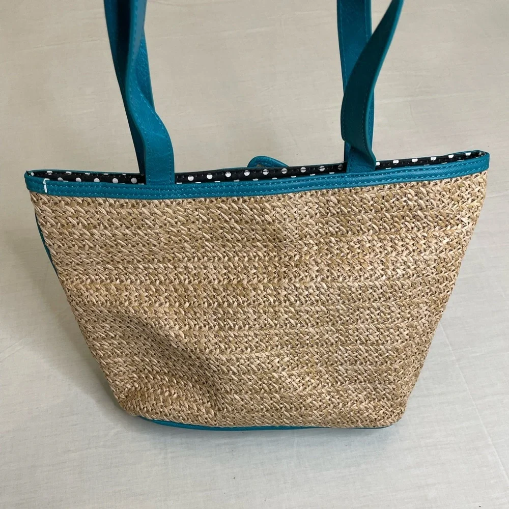 Bueno Straw bag turquoise flower, turquoise polka dots lining - Picture 2 of 7